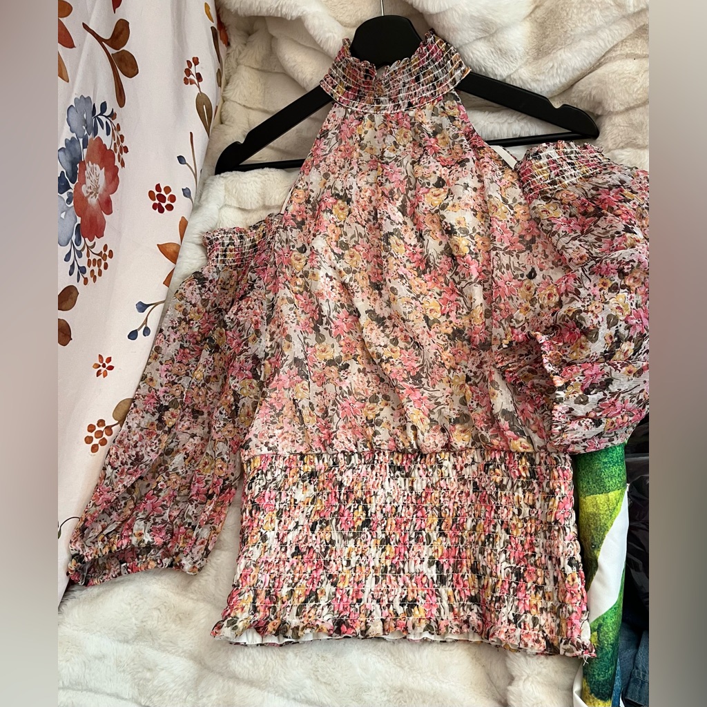 1.State Women’s S Pink Floral Cold Shoulder Maximal Preppy Blouse Cinched Waist